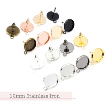 4pcs, 12mm Tray, Gunmetal Colour Stainless Iron Ear Stud Components with earring back
